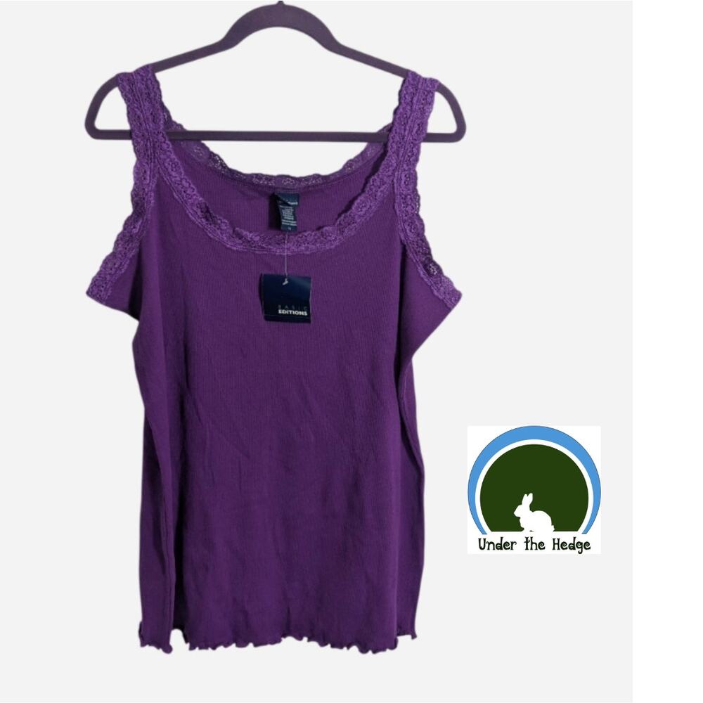 Y2K NWT Basic Editions Purple Lace Ribbed Tank Top Size 1X Cotton